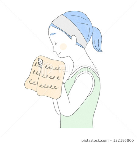 Illustration of a profile of a woman wiping her face with a towel 122195800
