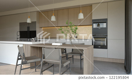 A modern kitchen and dining area featuring wooden elements, minimalist decor, and contemporary lighting, creating an inviting atmosphere. 3d rendering. A modern kitchen and dining area featuring wooden elements, minimalist decor, and contemporary lighting, creating an inviting atmosphere. 3d rendering. 122195804
