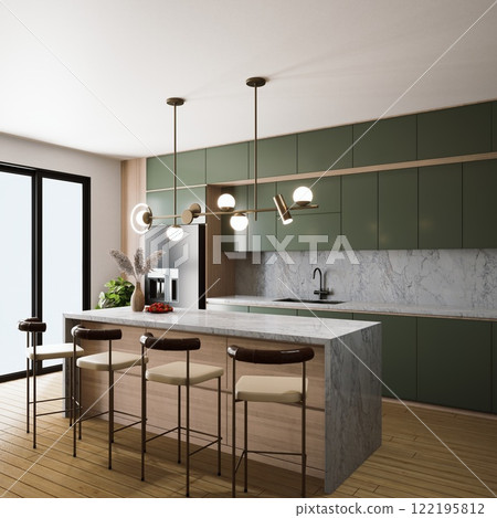 A modern kitchen featuring green cabinets, a marble countertop, stylish pendant lights, and sleek bar stools, creating an inviting and contemporary atmosphere. 3d rendering. A modern kitchen featuring green cabinets, a marble countertop, stylish pendant lights, and sleek bar stools, creating an inviting and contemporary atmosphere. 3d rendering. 122195812