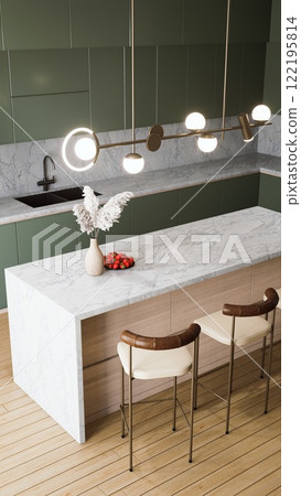 A modern kitchen featuring a marble countertop, green cabinets, stylish lighting, and decorative elements, creating a chic and inviting space. 3d rendering. 122195814