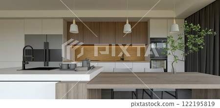 A modern kitchen featuring sleek cabinetry, minimalist design, pendant lighting, and an inviting atmosphere. 3d rendering. 122195819