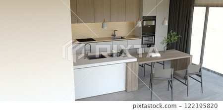 A modern kitchen featuring sleek cabinetry, a dining table, and large windows, creating a bright and inviting space. 3d rendering interior. A modern kitchen featuring sleek cabinetry, a dining table, and large windows, creating a bright and inviting space. 3d rendering interior. 122195820