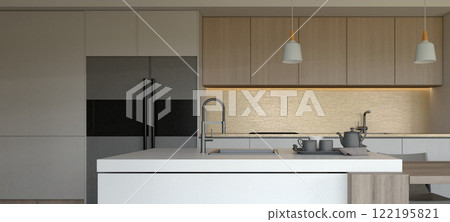 A sleek, modern kitchen featuring minimalist design, neutral tones, and stylish fixtures, creating an elegant and functional cooking space. 3d rendering. A sleek, modern kitchen featuring minimalist design, neutral tones, and stylish fixtures, creating an elegant and functional cooking space. 3d rendering. 122195821