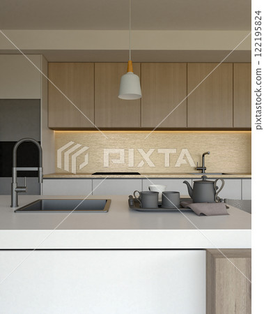 A modern kitchen featuring minimalist design, light wooden cabinetry, a sleek countertop, and stylish cookware, highlighted by warm lighting. 3d rendering interior room. A modern kitchen featuring minimalist design, light wooden cabinetry, a sleek countertop, and stylish cookware, highlighted by warm lighting. 3d rendering interior room. 122195824
