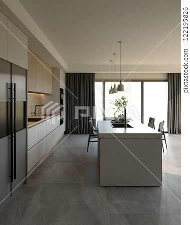 A modern kitchen featuring sleek cabinetry, an island with a sink, and large windows providing natural light. 3d rendering. A modern kitchen featuring sleek cabinetry, an island with a sink, and large windows providing natural light. 3d rendering. 122195826