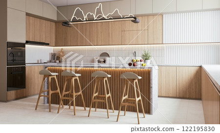 A modern kitchen featuring wooden cabinetry, a spacious island with bar stools, and stylish lighting, creating a warm and inviting atmosphere. 3d rendering interior. A modern kitchen featuring wooden cabinetry, a spacious island with bar stools, and stylish lighting, creating a warm and inviting atmosphere. 3d rendering interior. 122195830