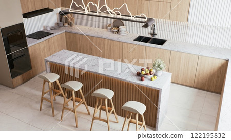 A modern kitchen with wooden cabinets, marble countertops, minimalist design, and stylish bar stools, creating an inviting and contemporary atmosphere. 3d rendering interior dining room top view. 122195832