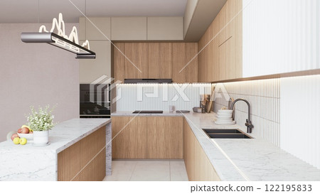 A modern kitchen featuring sleek cabinetry, marble countertops, and stylish lighting, creating a warm and inviting culinary space. 3d rendering. 122195833