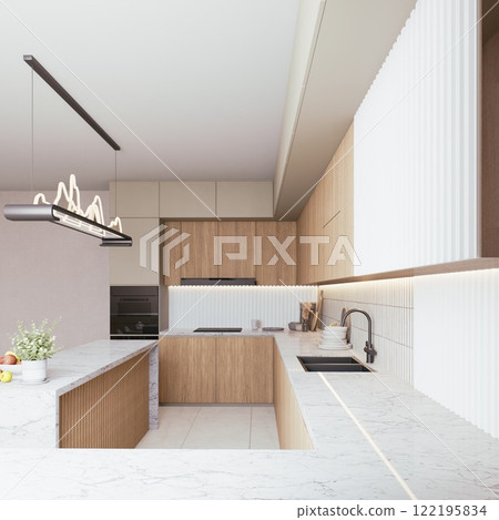 A modern kitchen featuring sleek cabinetry, marble countertops, and contemporary lighting, combining functionality with stylish design. 3d rendering. 122195834