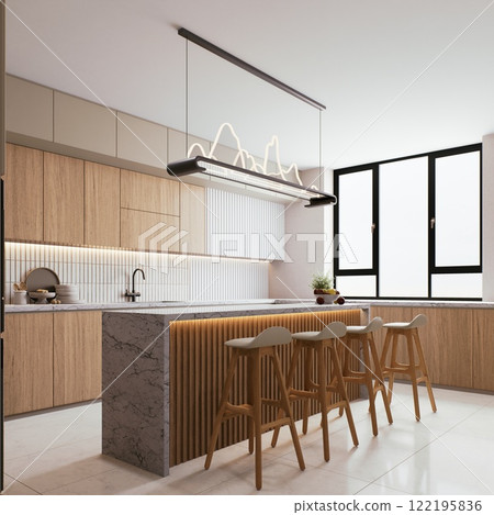 Modern kitchen with wooden cabinets, a marble island, stylish bar stools, and a unique light fixture, featuring a bright, airy atmosphere. 3d rendering. Modern kitchen with wooden cabinets, a marble island, stylish bar stools, and a unique light fixture, featuring a bright, airy atmosphere. 3d rendering. 122195836