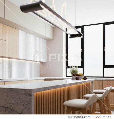 A modern kitchen featuring sleek cabinetry, a stylish island with seating, and large windows allowing ample natural light. 3d rendering. A modern kitchen featuring sleek cabinetry, a stylish island with seating, and large windows allowing ample natural light. 3d rendering. 122195837