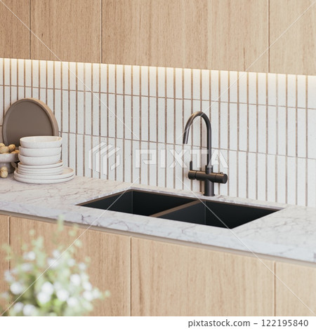 A modern kitchen sink with a sleek faucet, featuring a minimalist design and stylish tile backsplash, complemented by wooden cabinetry. 3d rendering. 122195840
