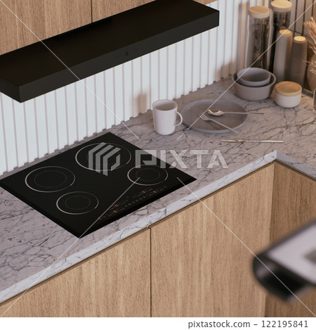 A modern kitchen featuring a sleek induction cooktop, minimalist cabinetry, and stylish countertop accessories in a warm, inviting design. 3d rendering. A modern kitchen featuring a sleek induction cooktop, minimalist cabinetry, and stylish countertop accessories in a warm, inviting design. 3d rendering. 122195841