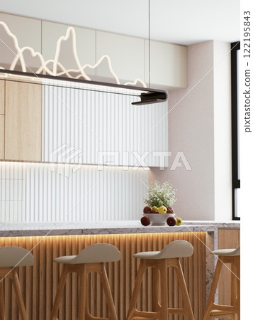 A modern kitchen design featuring sleek cabinetry, a minimalist island, stylish bar stools, and a bright, airy atmosphere. 3d rendering. A modern kitchen design featuring sleek cabinetry, a minimalist island, stylish bar stools, and a bright, airy atmosphere. 3d rendering. 122195843