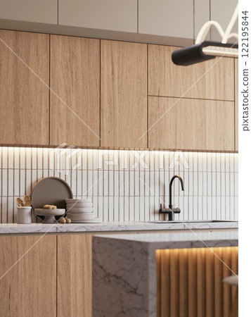 A modern kitchen featuring wooden cabinetry, a marble countertop, a minimalist design, and sleek fixtures, illuminated by soft lighting. 3d rendering. 122195844
