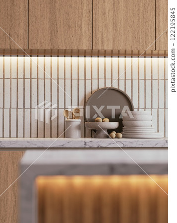 A modern kitchen countertop featuring minimalist decor, warm wood accents, and stylish dishware against a textured tile backsplash. 3d rendering. A modern kitchen countertop featuring minimalist decor, warm wood accents, and stylish dishware against a textured tile backsplash. 3d rendering. 122195845