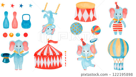 Watercolor childish collection circus: tent ,Cartoon elephants magician, The strong man, gymnastic, juggler, ,balloon, circus stand, balls, kettlebell. Performance. ideal for textile, fabric 122195898