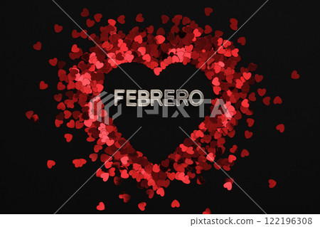 White metal letter Febrero, February in Spanish, in a red confetti heart White metal letter Febrero, February in Spanish, in a red confetti heart 122196308