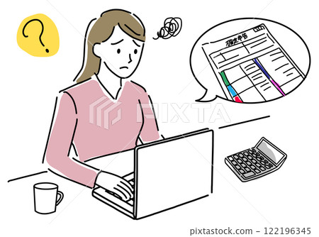 A simple line drawing of a woman having trouble filing tax returns A simple line drawing of a woman having trouble filing tax returns 122196345
