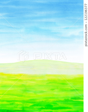Green meadow and blue sky watercolor 122196377