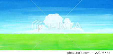 Green meadow and blue sky watercolor 122196378