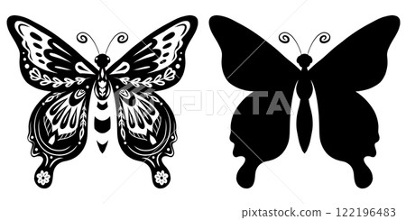 Vector set tracery monochrome butterfly in folk art style. Collection of decorative ornate flying insect with a floral ornament 122196483
