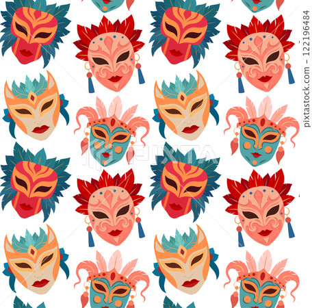 Vector seamless pattern with masquerade masks with feathers. Festive texture with flat style Venetian mask 122196484