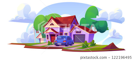 Car parked near house with green garden 122196495