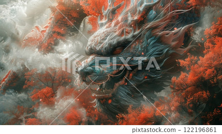 Majestic dragon from Japanese mythology, symbolizing power, wisdom, and protection. intricate scales, dynamic movement, and an aura of mysticism, embodying traditional Japanese folklore. 122196861