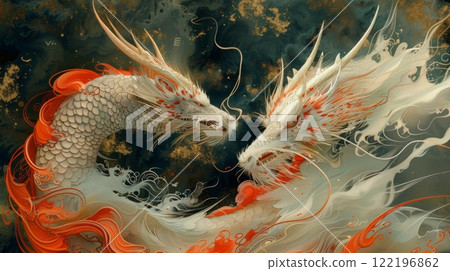 Majestic dragon from Japanese mythology. art nouveau 2d style image. artwork showcases intricate scales, dynamic movement, and an aura of mysticism, embodying traditional Japanese folklore. 122196862