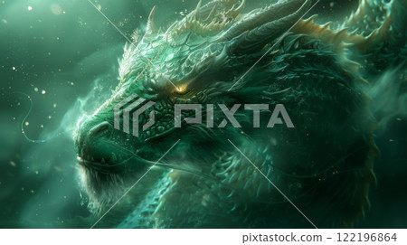 Mythical creatures. emerald dragon with scales shimmering in rays of underwater sunlight. artwork showcases intricate scales, dynamic movement,mysticism, embodying traditional Japanese folklore. 122196864