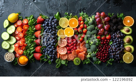 Healthy Lifestyle. The Nourishing Choices. Discover the art of balanced nutrition with a stunning display of food groups, encouraging healthy choices and a well-rounded diet. 122196892