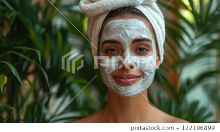 mental health concept of self care, Morning routines . a Hispanic woman using a skincare mask as part of her self-care morning routine 122196899