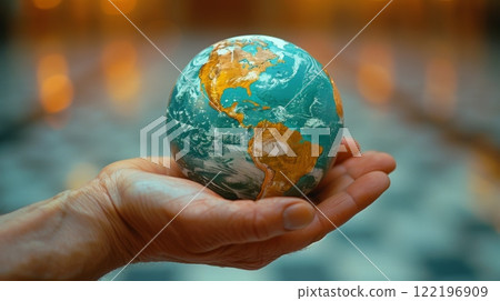 A human hand gently holding a small globe representing Earth. protect and safe planet concept 122196909