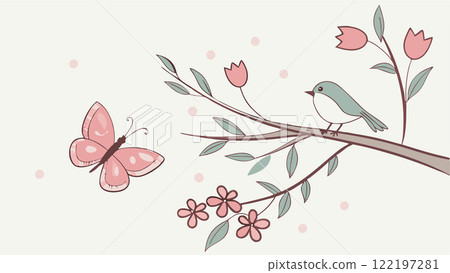 A collection of spring scenery, trees, flowers, butterflies, birds, etc. 122197281