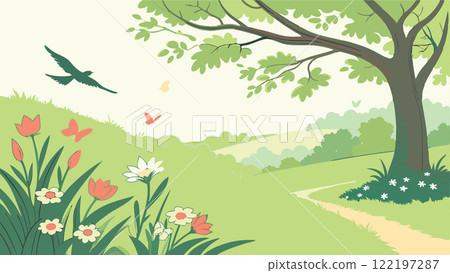 A collection of spring scenery, trees, flowers, butterflies, birds, etc. 122197287