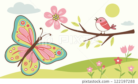 A collection of spring scenery, trees, flowers, butterflies, birds, etc. 122197288