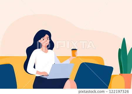 Illustration of Woman working as a freelancer or consultant, with a laptop and a cup of coffee on a cozy couch in her living room. 122197326