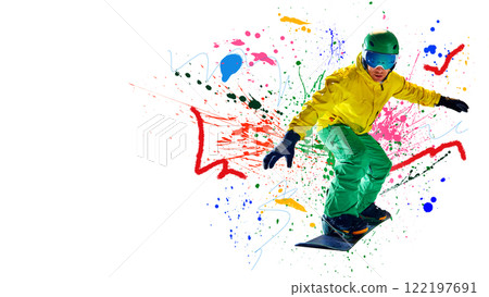 Conceptual art collage. Snowboarder balanced mid-action, surrounded by splashes of vivid colors showcasing energy and artistic expression of winter sports 122197691