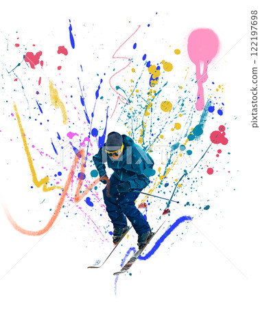 Conceptual art collage. Skier leaning forward, dressed warm clothes, surrounded by vibrant splashes representing speed, winter thrill, and creative energy. Conceptual art collage. Skier leaning forward, dressed warm clothes, surrounded by vibrant splashes representing speed, winter thrill, and creative energy. 122197698