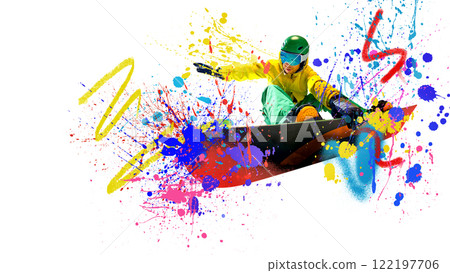 Conceptual art collage. Snowboarder in yellow jacket, green pants, balanced in air, arms wide, colorful background symbolizing creativity and thrilling ride. 122197706