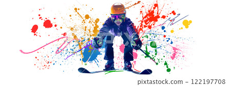 Banner. Conceptual art collage. Skier crouched on skis, holding poles extended, surrounded by bright colors reflecting motion and artistic energy. Banner. Conceptual art collage. Skier crouched on skis, holding poles extended, surrounded by bright colors reflecting motion and artistic energy. 122197708