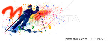Banner. Conceptual art collage. Skier in orange helmet and purple jacket confidently descending, poles angled, colorful streaks enhancing energetic feel of winter action. Banner. Conceptual art collage. Skier in orange helmet and purple jacket confidently descending, poles angled, colorful streaks enhancing energetic feel of winter action. 122197709