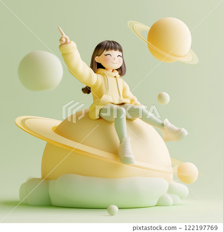 Cute girl character sitting on a planet with colorful saturn-like rings in a dreamy setting Cute girl character sitting on a planet with colorful saturn-like rings in a dreamy setting 122197769