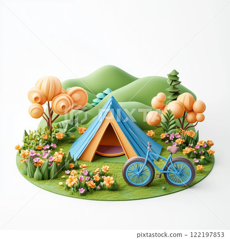 Colorful camping scene with a tent, bike, and vibrant flowers in a lush landscape Colorful camping scene with a tent, bike, and vibrant flowers in a lush landscape 122197853