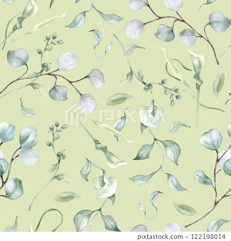 Pastel green watercolor seamless pattern with eucalyptus leaves isolated. Foliage texture repeated of branches, plants hand drawn in sage green. Greenery background for design textile, wallpaper. 122198014