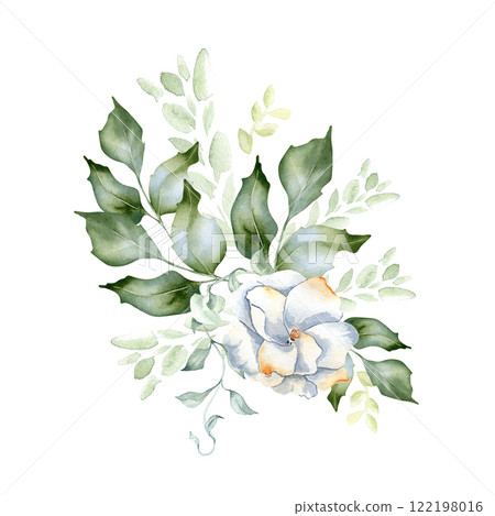 Pale green arrangement of holly leaves and white camellia watercolor illustration isolated. Foliage of rippled twigs and watercolor stains hand drawn in soft green. Greenery delicate wedding design. Pale green arrangement of holly leaves and white camellia watercolor illustration isolated. Foliage of rippled twigs and watercolor stains hand drawn in soft green. Greenery delicate wedding design. 122198016
