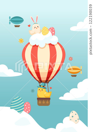 Baby chicks and The Hot Air Balloon For Easter day. Festive poster for Easter design 122198039