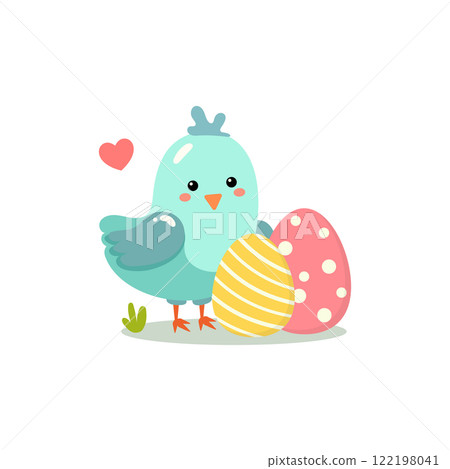 Blue cute baby chicken with easter eggs. Happy Easter concept. Blue cute baby chicken with easter eggs. Happy Easter concept. 122198041