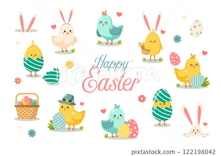 Colorful easter themed vector illustration with cute chicks birds. Happy Easter. 122198042
